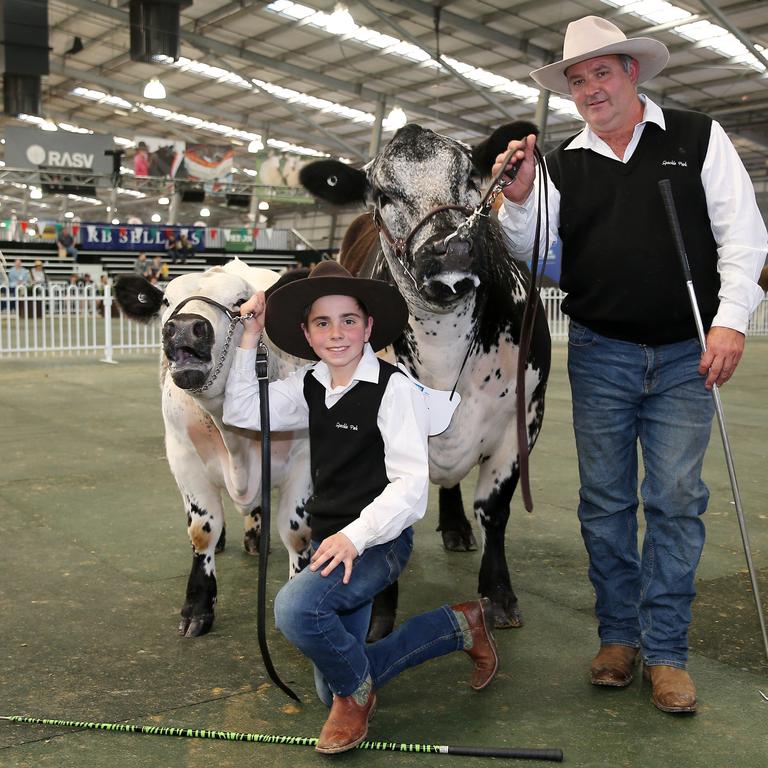 Paul Hourn and Jack Ellis, 13, AAA Lavender L28, Hanging Rock Speckle Park, Newham, Supreme Champion at the Royal Melbourne Show. Picture: Yuri Kouzmin