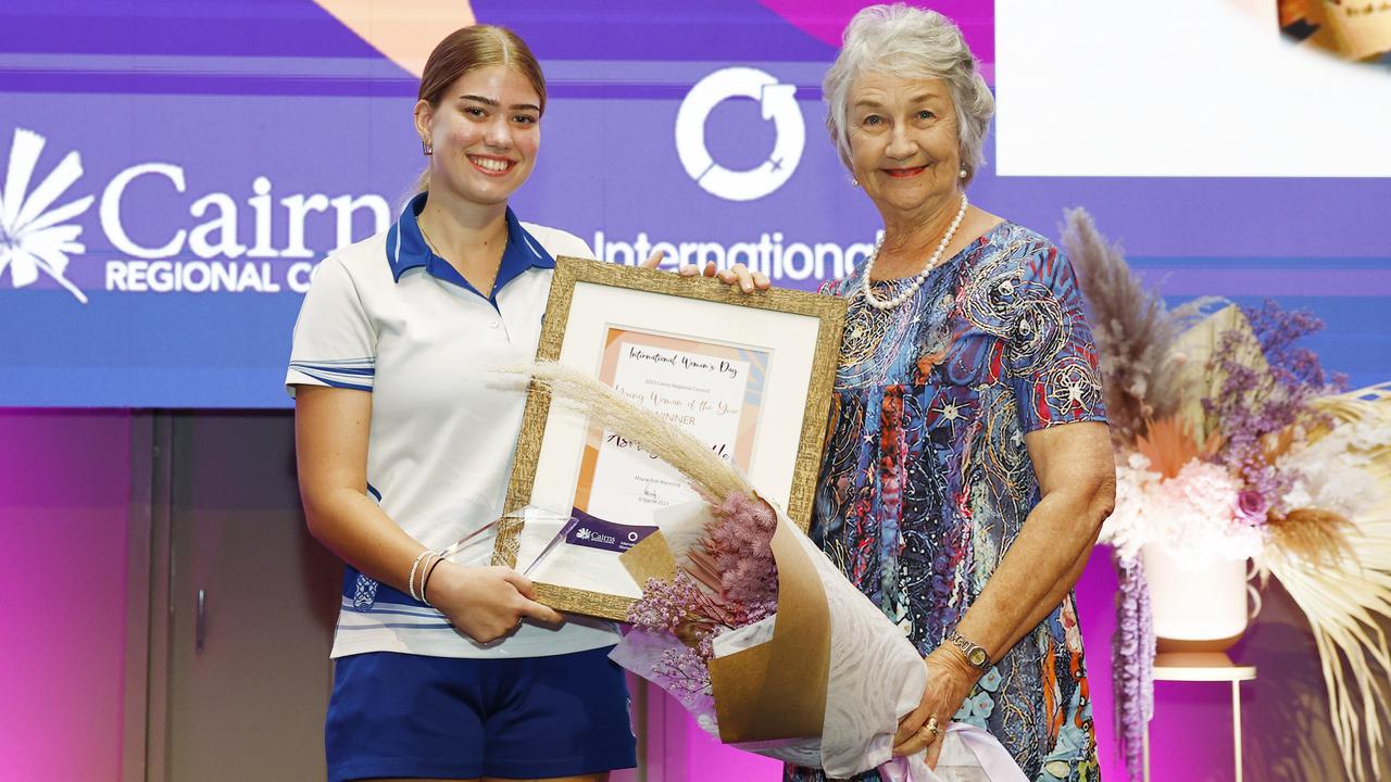 Cairns Mayoress Claire Manning presents the 2023 Cairns Young Woman of the Year Award to Ashleigh Meikle at the Cairns Women of the Year Awards at the Pullman International Hotel. Picture: Brendan Radke