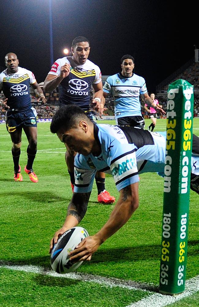 Sosaia Feki speeds over the line to get the Sharks back in the game.