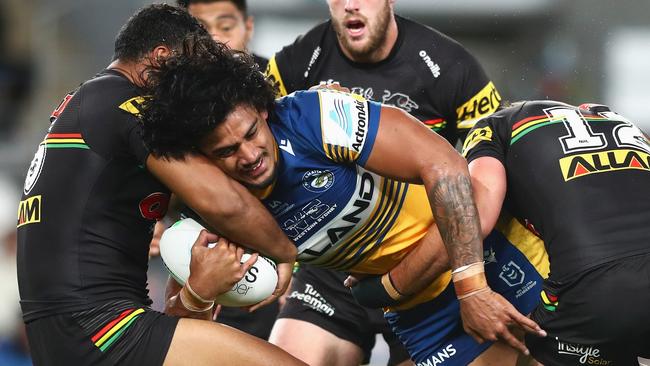 Oregon Kaufusi couldn’t find a way through the Panthers’ defence. Picture: Chris Hyde/Getty Images