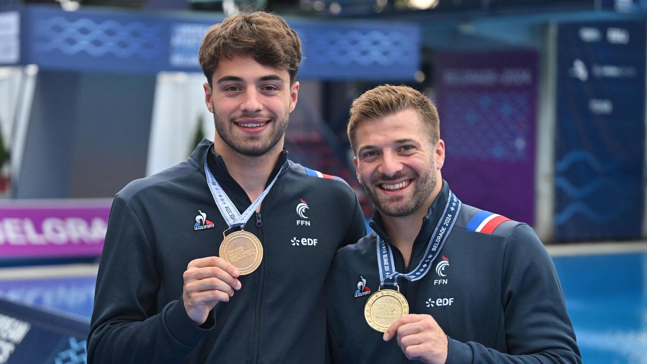 Bouyer and Jandard during the LEN European Aquatics Championships in June. (Photo by OLIVER BUNIC / AFP)