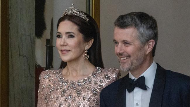 COPENHAGEN, DENMARK - 2025/02/28: Queen Mary (L) and King Frederik X (R) arrive at an evening party for representatives from the world of arts and culture. The guests are invited for dinner and entertainment in Riddersalen at Christiansborg Palace hosted by HM King Frederik and HM Queen. (Photo by Kristian Tuxen Ladegaard Berg/SOPA Images/LightRocket via Getty Images)