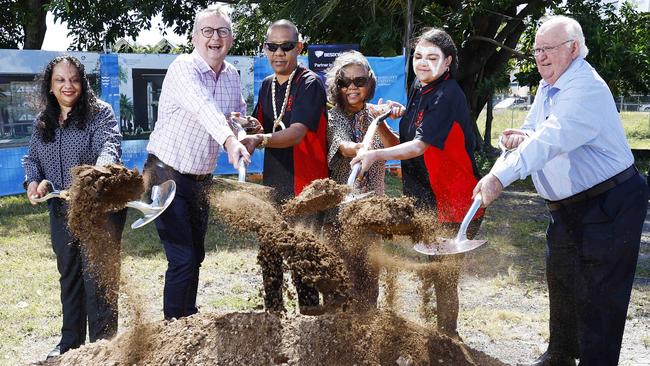 Cairns Health and Hinterland Health Service (CHHHS) CEO Leena Singh, James Cook University (JCU) vice chancellor Simon Biggs, Minjil representative Carl Marun, Indigenous elder Henrietta Marrie, Minjil representative Iesha Bong and CHHHS Chairman Clive Skarrott turn the sod to mark the official construction of CTEC on the newly named Dugurrdja Precinct. Picture: Brendan Radke