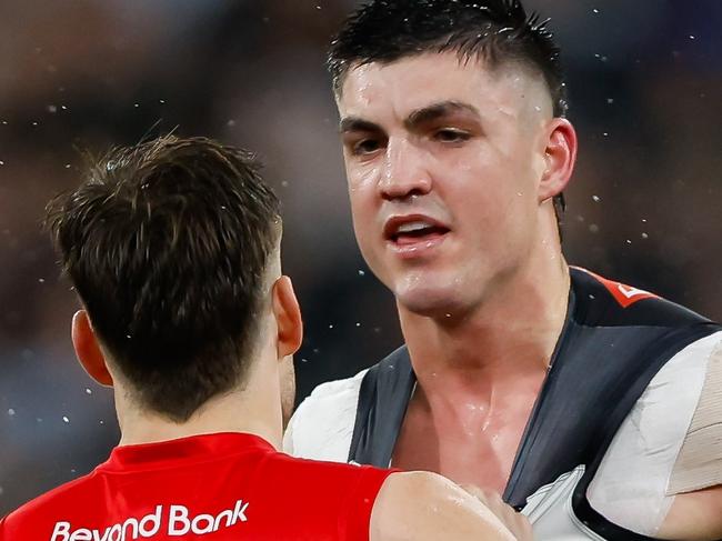 MELBOURNE, AUSTRALIA - SEPTEMBER 07: Jack Viney of the Demons and Brayden Maynard of the Magpies remonstrate during the 2023 AFL First Qualifying Final match between the Collingwood Magpies and the Melbourne Demons at Melbourne Cricket Ground on September 07, 2023 in Melbourne, Australia. (Photo by Dylan Burns/AFL Photos via Getty Images)