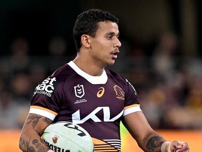 BRISBANE, AUSTRALIA - JULY 01: Tristan Sailor of the Broncos is seen during the warm up before the round 18 NRL match between Brisbane Broncos and Dolphins at The Gabba on July 01, 2023 in Brisbane, Australia. (Photo by Bradley Kanaris/Getty Images)