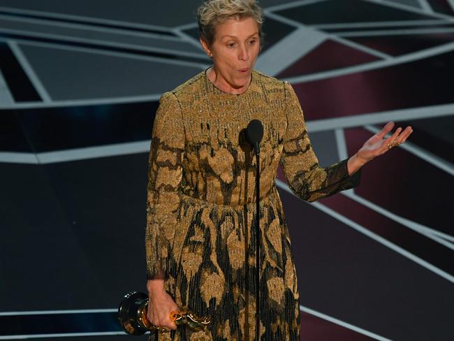 Frances McDormand delivers a speech after winning the Oscar for Best Actress in Three Billboards outside Ebbing, Missouri. Picture: Mark Ralston/AFP