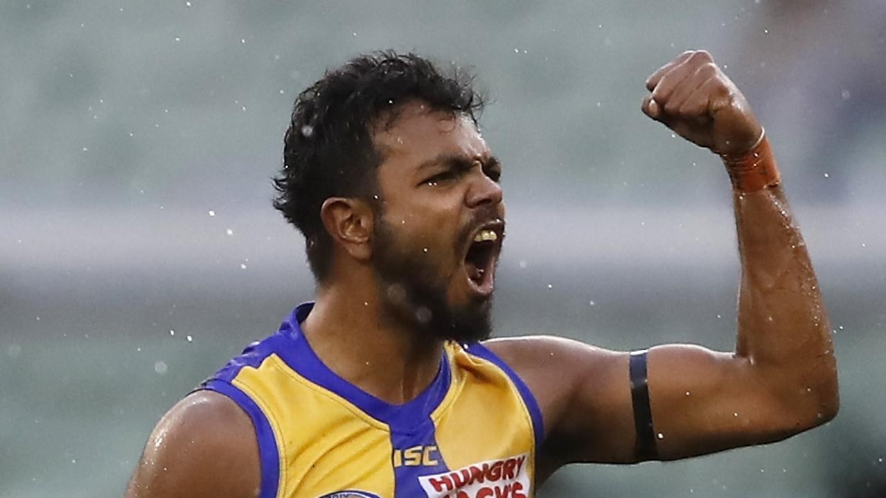 MELBOURNE, AUSTRALIA - AUGUST 18: Willie Rioli of the Eagles celebrates a goal during the 2019 AFL round 22 match between the Richmond Tigers and the West Coast Eagles at the Melbourne Cricket Ground on August 18, 2019 in Melbourne, Australia. (Photo by Dylan Burns/AFL Photos)