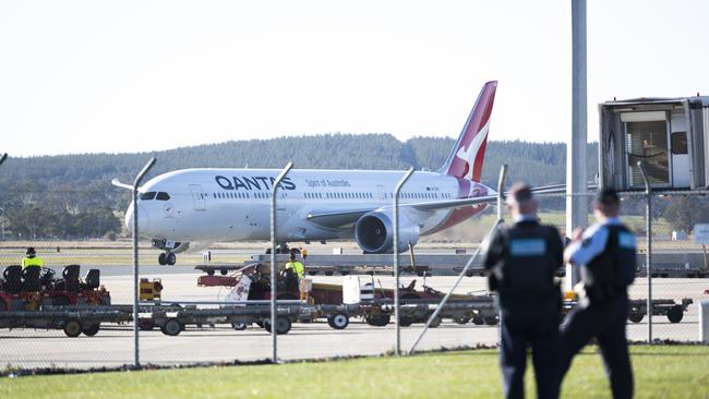 A repatriation flight from India lands in Canberra. Picture: AFP.