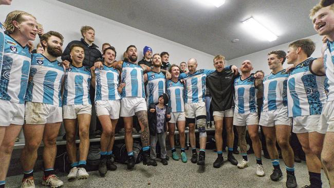 Crib Point players celebrate their win over Tyabb on Saturday. Picture: Valeriu Campan