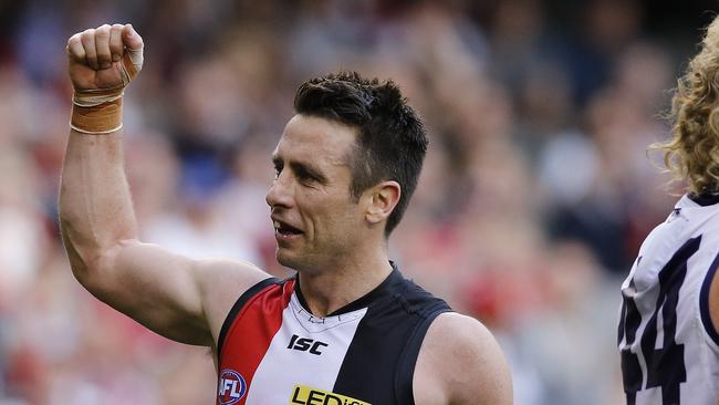 Stephen Milne celebrates a goal for St Kilda.