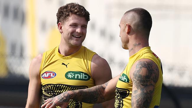 Jacob Hopper and Dustin Martin are poised to face the Bulldogs. Picture: Michael Klein