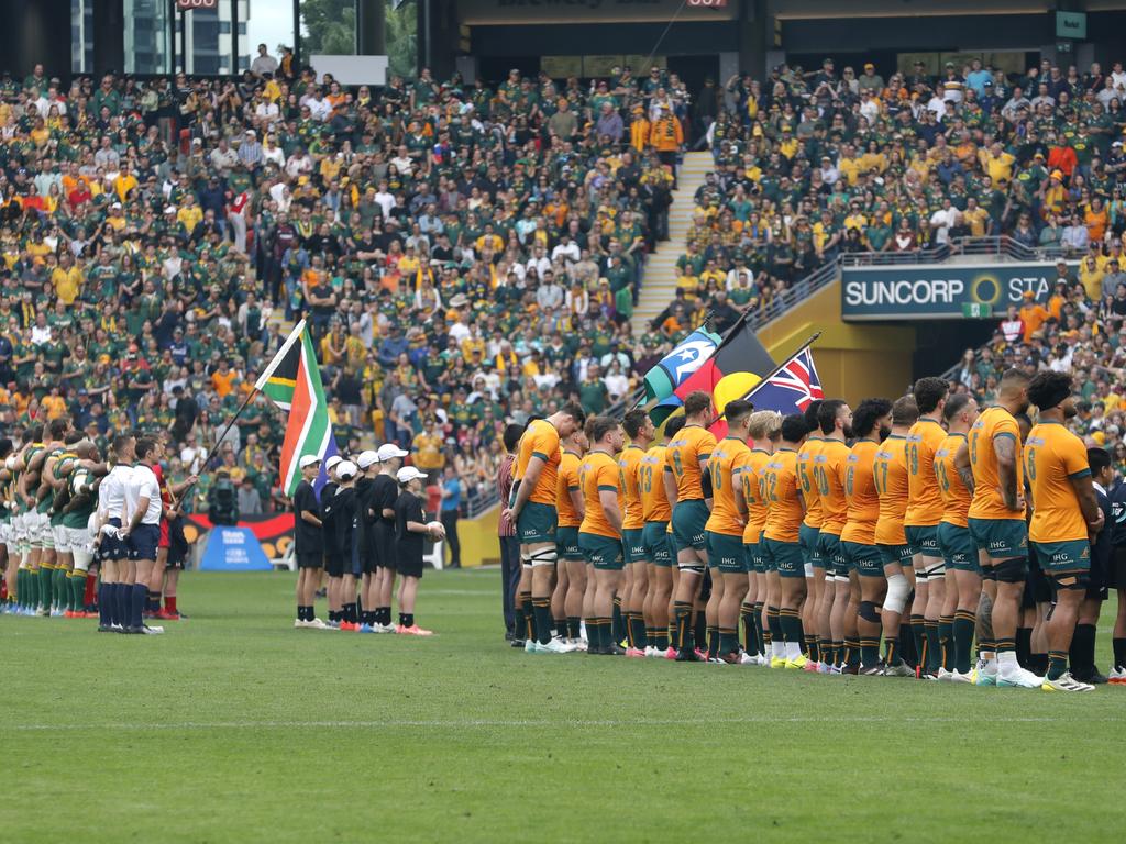 Brisbane’s Suncorp Stadium, which held an eletric crowd for the Wallabies’ clash with South Africa in August, is considered a certainty tohost two quarterfinals. Picture: Getty Images