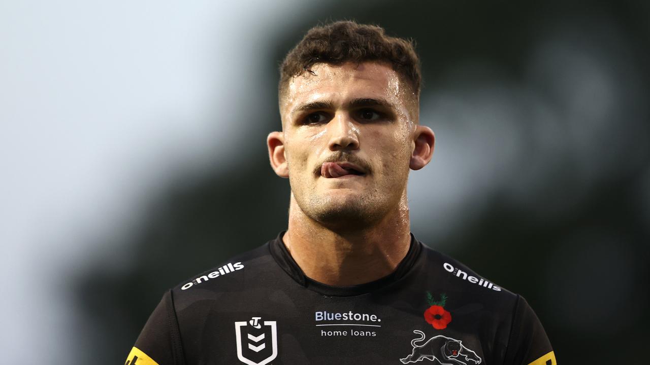 PENRITH, AUSTRALIA - APRIL 24: Nathan Cleary of the Panthers looks on during the round seven NRL match between the Penrith Panthers and the Canberra Raiders at BlueBet Stadium on April 24, 2022, in Penrith, Australia. (Photo by Matt Blyth/Getty Images)