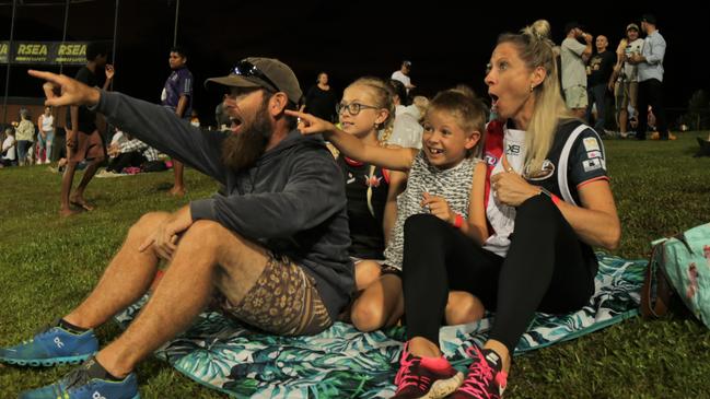 Paul Isbel, Willow Isbel (10-years-old), Ned Isbel (7-years-old) and Jess Kelly at Cazalys Stadium for the premiership match between St Kilda and Port Adelaide on Saturday night. Picture: Andreas Nicola