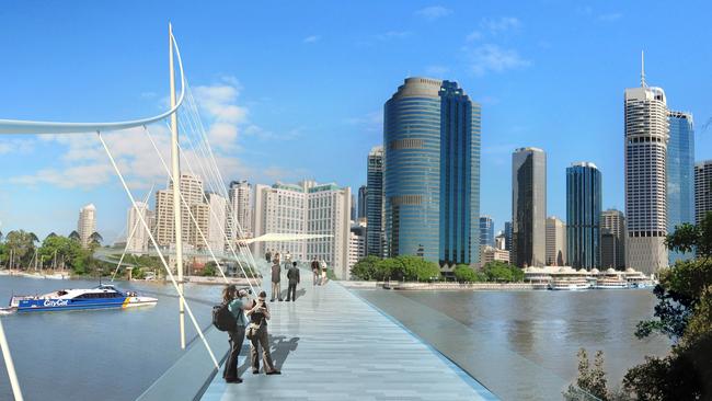 Artist’s impression of the Kangaroo Point green bridge. Council has released details of alignments of this and four other green bridges. Artwork: Cox Architecture