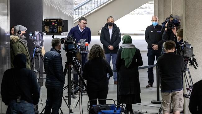 Daniel Andrews, Brett Sutton and Jeroen Weimar speaking at a coronavirus update. Picture: NCA NewsWire/David Geraghty