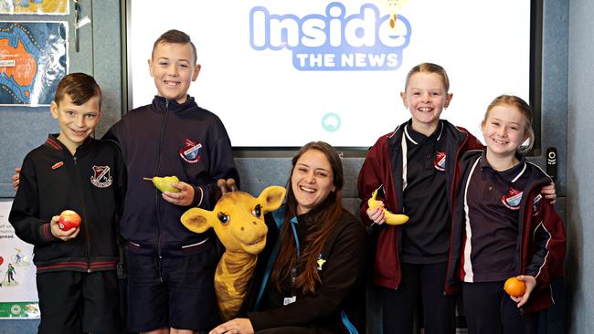 Healthy Harold and Life Ed educator Alana Masi, with Surveyors Creek Public School students Aaron Sulsters (8), Cooper Nightingale (10), Hanna Franzke (10) and Isla Dearie (8). Picture: Adam Yip