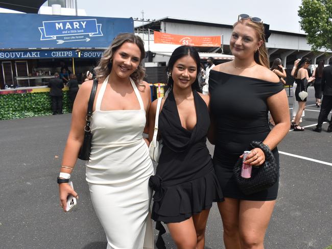 Guests in striking racewear at Penfolds Derby Day at the Flemington Racecourse on Saturday, November 02, 2024: