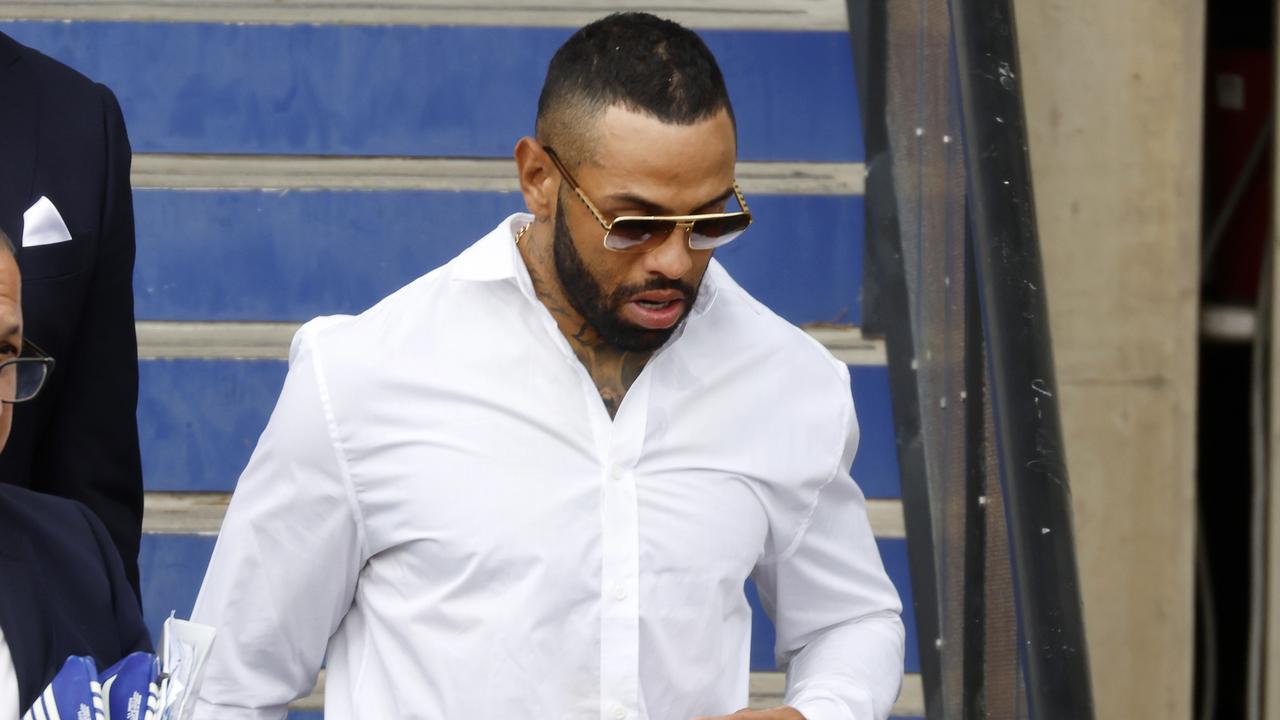 DAILY TELEGRAPH OCTOBER 31, 2024. Canterbury winger Josh Addo-Carr leaving Belmore Sports Ground with his lawyer Elias Tabchouri (left) and manager Mario Tartak (back) after a meeting with the Bulldogs board over his drug driving scandal. Picture: Jonathan Ng