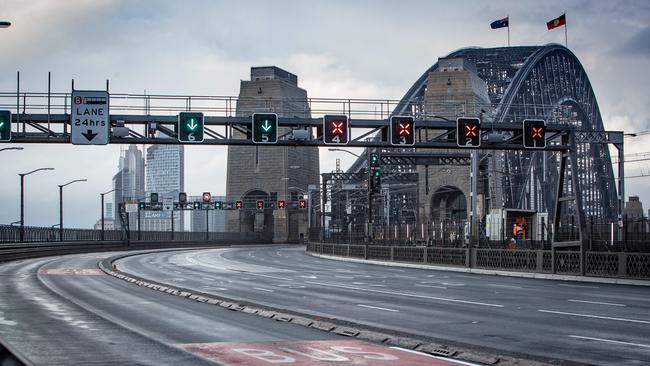 Empty roads on the northern side of The Sydney Harbour Bridge on Sunday. Picture: Julian Andrews