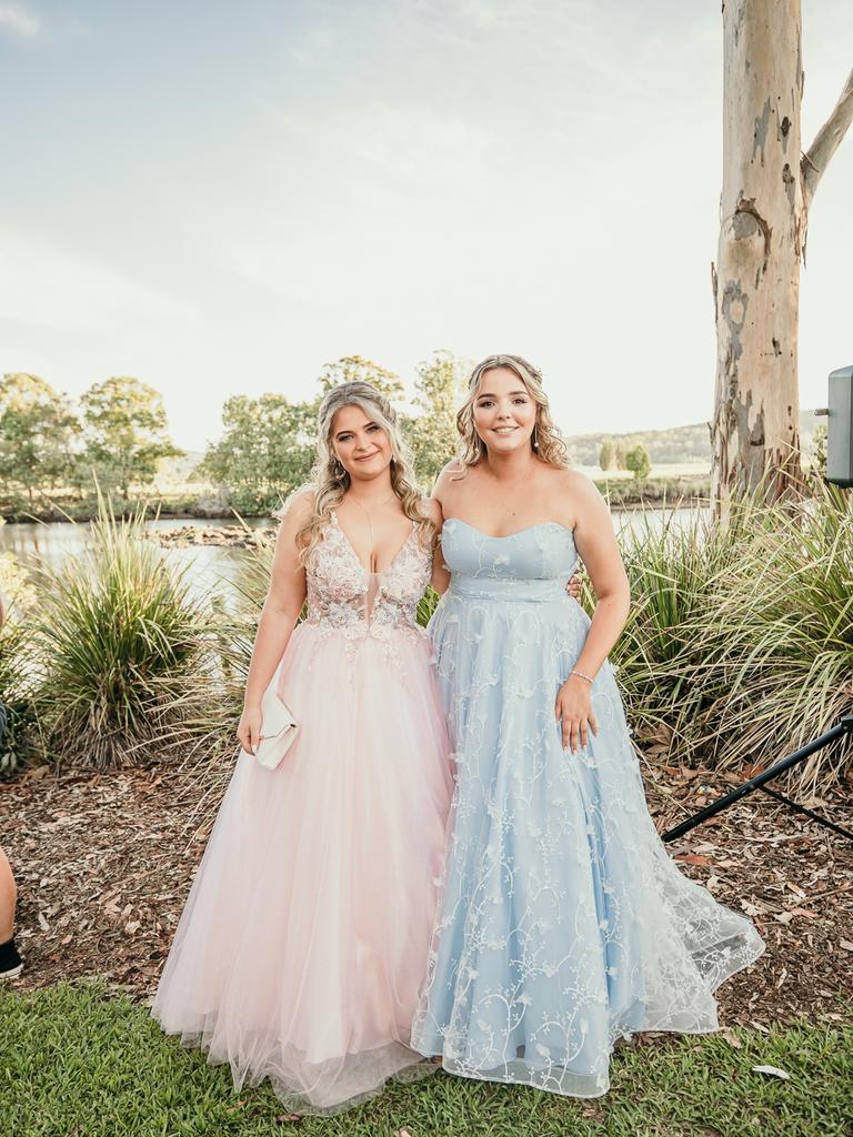 Glasshouse Christian College 2021 Senior School Captain Chelsea-Ann Johnson with good friend Kiona Scott with the beautiful backdrop of The Rocks behind them. Picture: Jordan Bull