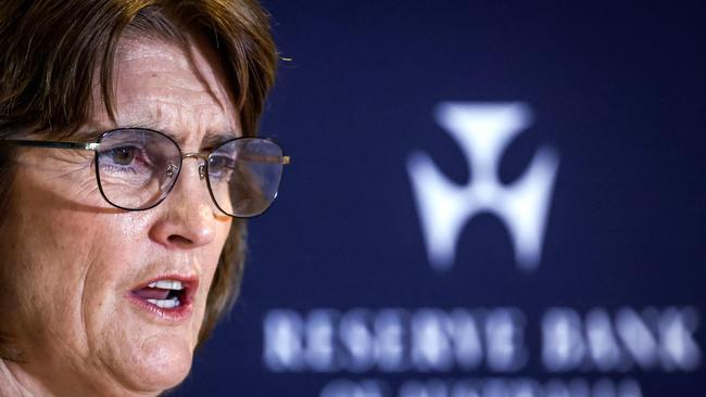 TOPSHOT - Australiaâs Reserve Bank Governor, Michele Bullock, speaks during the Monetary Policy Decision media conference in Sydney on February 18, 2025. Australia's central bank cut its key interest rate on February 18 for the first time in more than four years, but warned global turmoil could derail further easing. (Photo by DAVID GRAY / AFP)