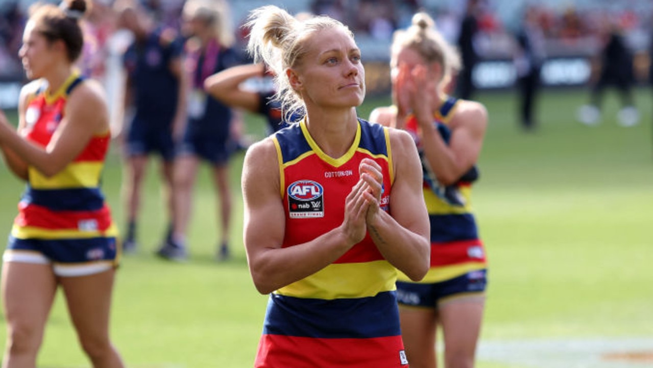 ADELAIDE, AUSTRALIA - APRIL 17: Erin Phillips of the Crows reacts after their loss during the 2021 AFLW Grand Final match between the Adelaide Crows and the Brisbane Lions at Adelaide Oval on April 17, 2021 in Adelaide, Australia. (Photo by James Elsby/AFL Photos via Getty Images)