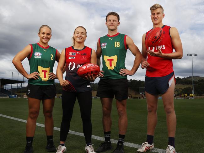 Tasmania’s Sarah Skinner, Norwood’s Stephanie Simmonds, Tasmania’s Mitch Brouwer Tasmania and Norwood’s Jack Heard before Sunday’s clash at Kingston Picture: Nikki Davis-Jones