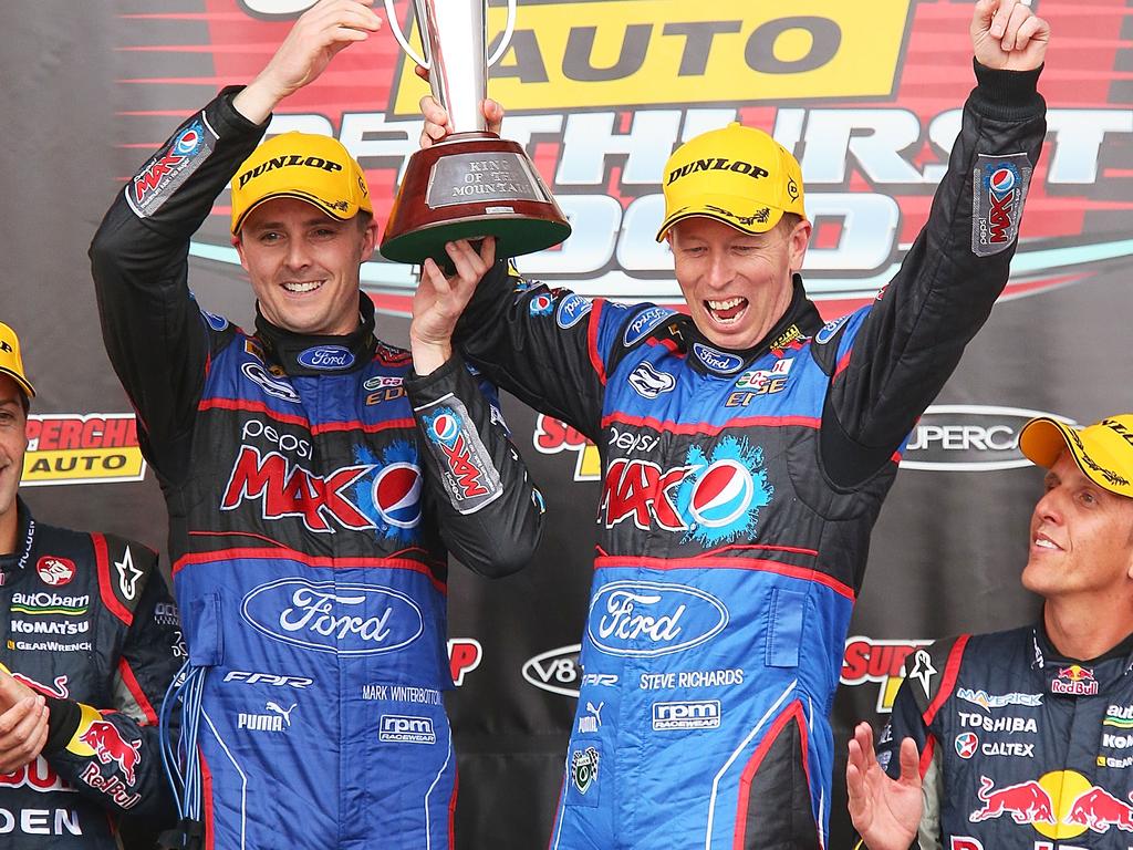 Mark Winterbottom and Steve Richards after winning the 2013 Bathurst 1000. Picture: Getty Images