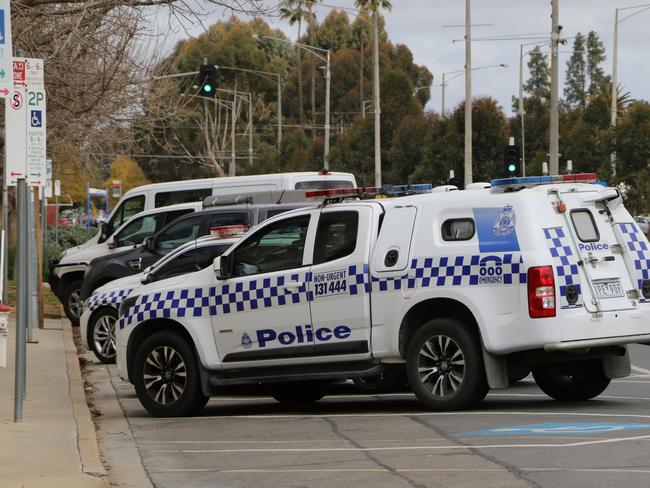 Police vehicles outside Mildura police station. Picture: Glenn Milne