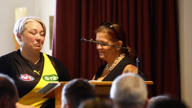 Samara Laverty speaks at the funeral of her son Declan Laverty. Mr Laverty, 20, was stabbed to death while working at a Darwin bottle shop. Picture: Brendan Radke