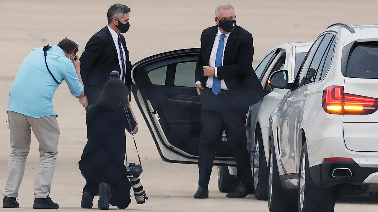 Scott Morrison about to board a RAAF plane in Canberra. Picture: NCA NewsWire / Gary Ramage