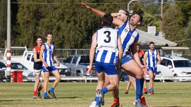 Mark Jamar entangled in a ruck contest against Mildura in the Sunraysia league. Picture: Michael DiFabrizio