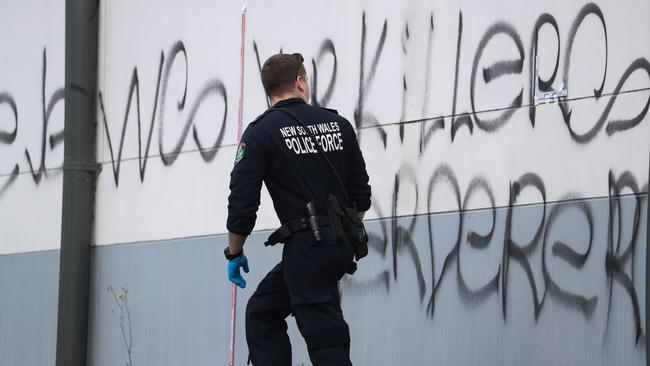 The ongoing threat is plain to see. Police and forensics outside Sydney’s Mount Sinai College after yet another anti-Semitic attack. Picture: NewsWire/ Gaye Gerard