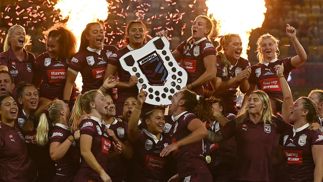 TOWNSVILLE, AUSTRALIA - JUNE 22: Queensland celebrates after winning the series during game two of the women's State of Origin series between New South Wales Skyblues and Queensland Maroons at Queensland Country Bank Stadium on June 22, 2023 in Townsville, Australia. (Photo by Ian Hitchcock/Getty Images)