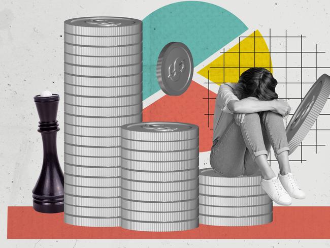 3D photo collage sketch template artwork of sad depressed woman sit cover face stack coins chess figure rich earnings savings trade bank.