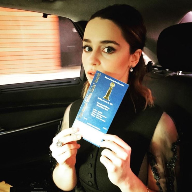 Emilia Clarke ... "Guess where this lady's a headin..... No not Walmart. #afewhoursdaysweeksandsomwserioustalentlaterandshesreadyforacarpetofred #orjust4supremelyfabulouspeople @kystyle @sabrinabmakeup a go go #goldenglobes2016" Picture: Instagram