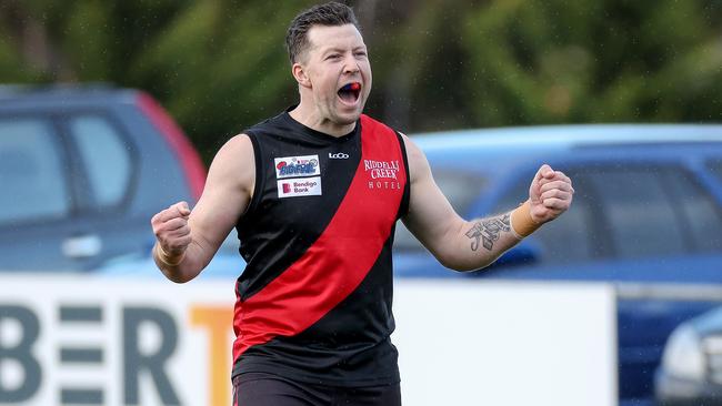 Tim Walsh celebrates a goal for Riddell. Picture: George Sal