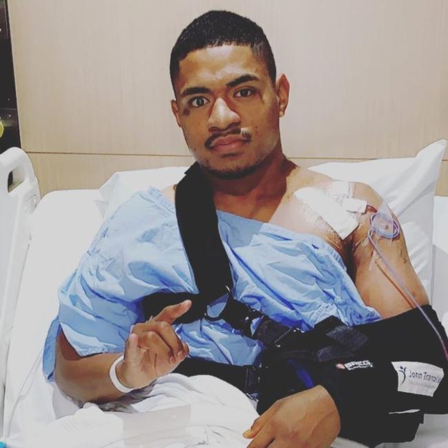 The Manly star, pictured in hospital nursing injuries from sport, has denied being the stabber. Picture: Instagram