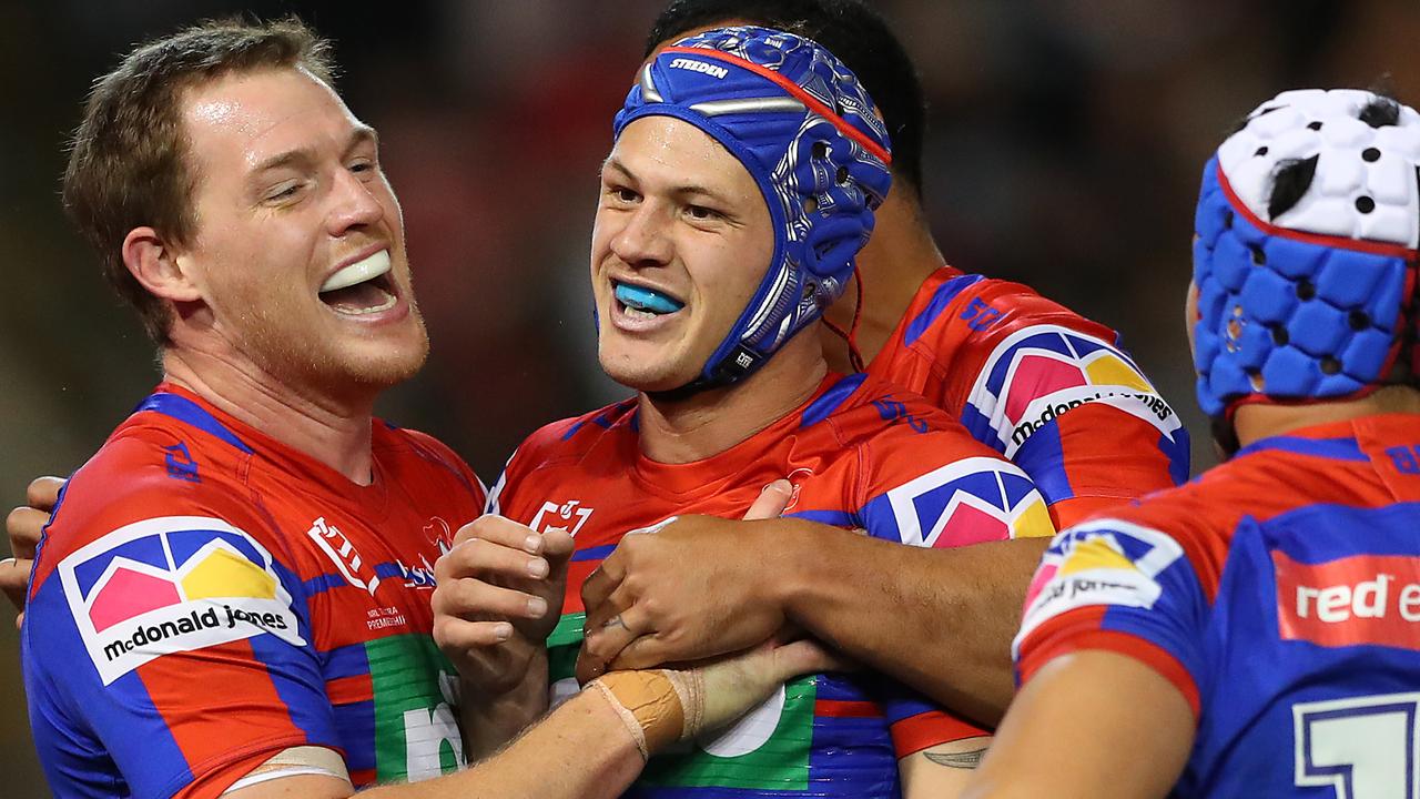 The Knights have tabled Kalyn Ponga (centre) a contract extension. (Photo by Tony Feder/Getty Images)