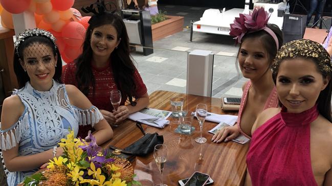 Jessica Pickering, Lilly Mayes, Alexandra Mayes and Tara Carroll at White Rhino Bar & Eats in Surfers Paradise for Melbourne Cup Day celebrations.