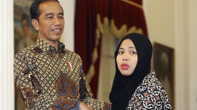 Siti Aisyah thanks Indonesian president Joko Widodo in Jakarta. Picture: AP