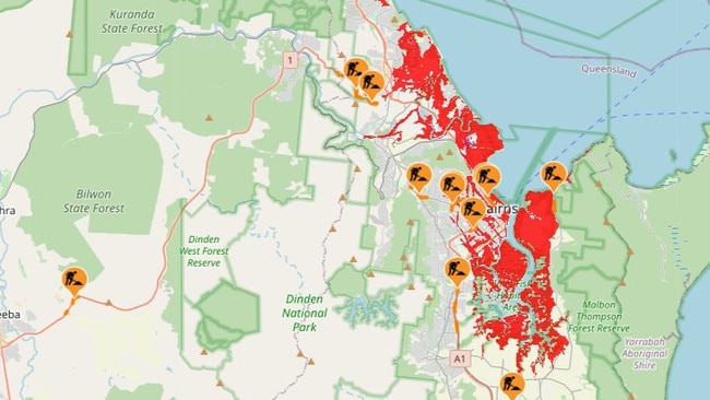 A Cairns Regional Council map showing red evacuation zones.