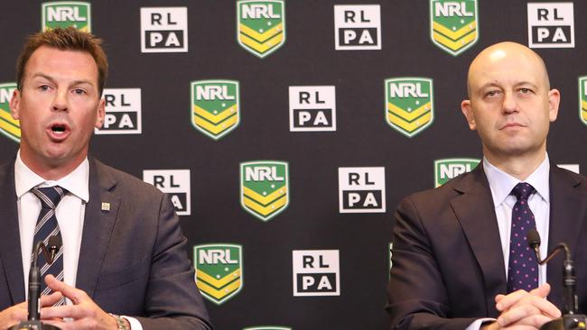 Rugby League Players Association (RLPA) Chief Executive Ian Prendergast and NRL Chief Executive Todd Greenberg speak during a press conference at Rugby League Central in Sydney, Friday, November 3, 2017. The NRL and the RLPA have officially announced a new pay deal for players for the next 5 years. (AAP Image/Daniel Munoz) NO ARCHIVING