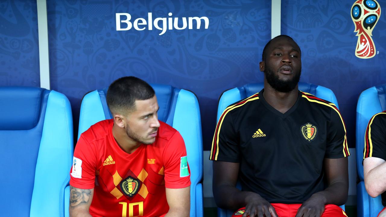 KALININGRAD, RUSSIA - JUNE 28: Eden Hazard and Romelu Lukaku of Belgium look on from the bench prior to the 2018 FIFA World Cup Russia group G match between England and Belgium at Kaliningrad Stadium on June 28, 2018 in Kaliningrad, Russia. (Photo by Ryan Pierse/Getty Images)