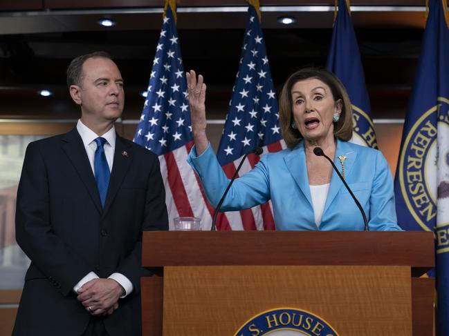 Speaker of the House Nancy Pelosi, D-Calif., is joined by House Intelligence Committee Chairman Adam Schiff, D-Calif., at a news conference as House Democrats move ahead in the impeachment inquiry of President Donald Trump, at the Capitol in Washington, Wednesday, Oct. 2, 2019. (AP Photo/J. Scott Applewhite)