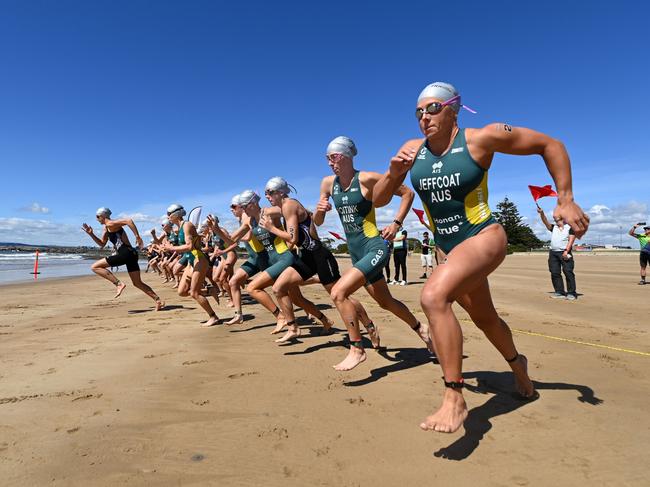 Competitors prepare for the swim leg at the Devonport Triathlon. Picture: Delly Carr