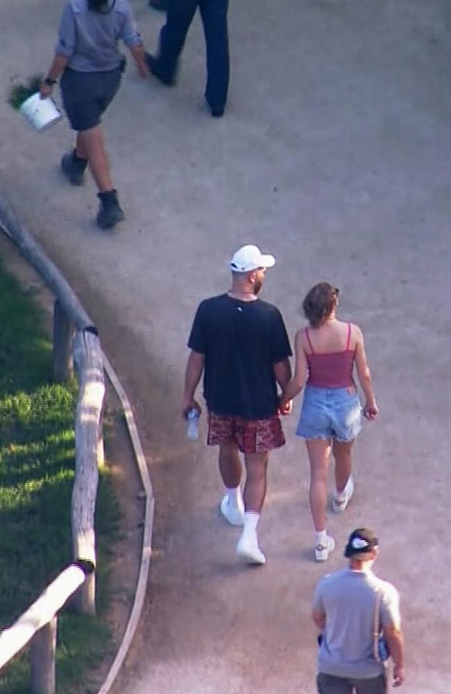 Taylor Swift and her boyfriend Travis Kelce pictured enjoying a Sydney Zoo together after Travis flow into Sydney this morning Picture: 9News
