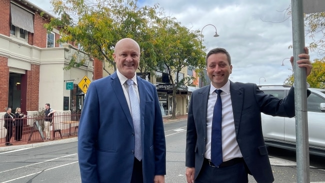 Shadow education minister David Hodgett (left) and Opposition Leader Matthew Guy in Croydon. Picture: NCA
