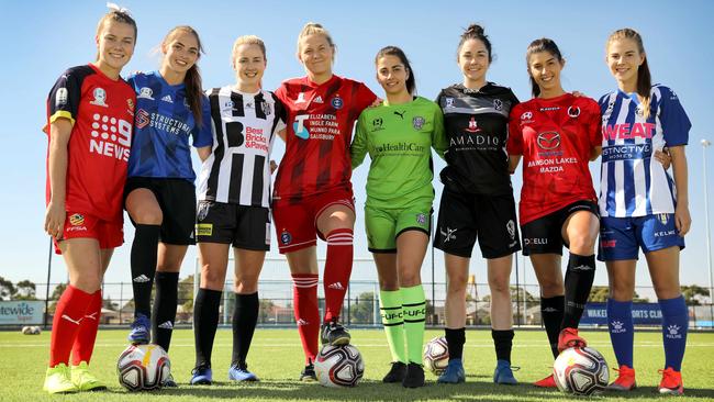 Women's National Premier Leagues SA players (from left) Lara Kirkby (FFSA NTC), Georgia Johnson (Comets), Dylan Holmes (Adelaide City), Sian McLaren (Salisbury Inter), Matilda Comley (Fulham), Laura Johns (University), Stella Rigon (Metro United) and Emily Hodgson (West Adelaide). Picture: Dean Martin